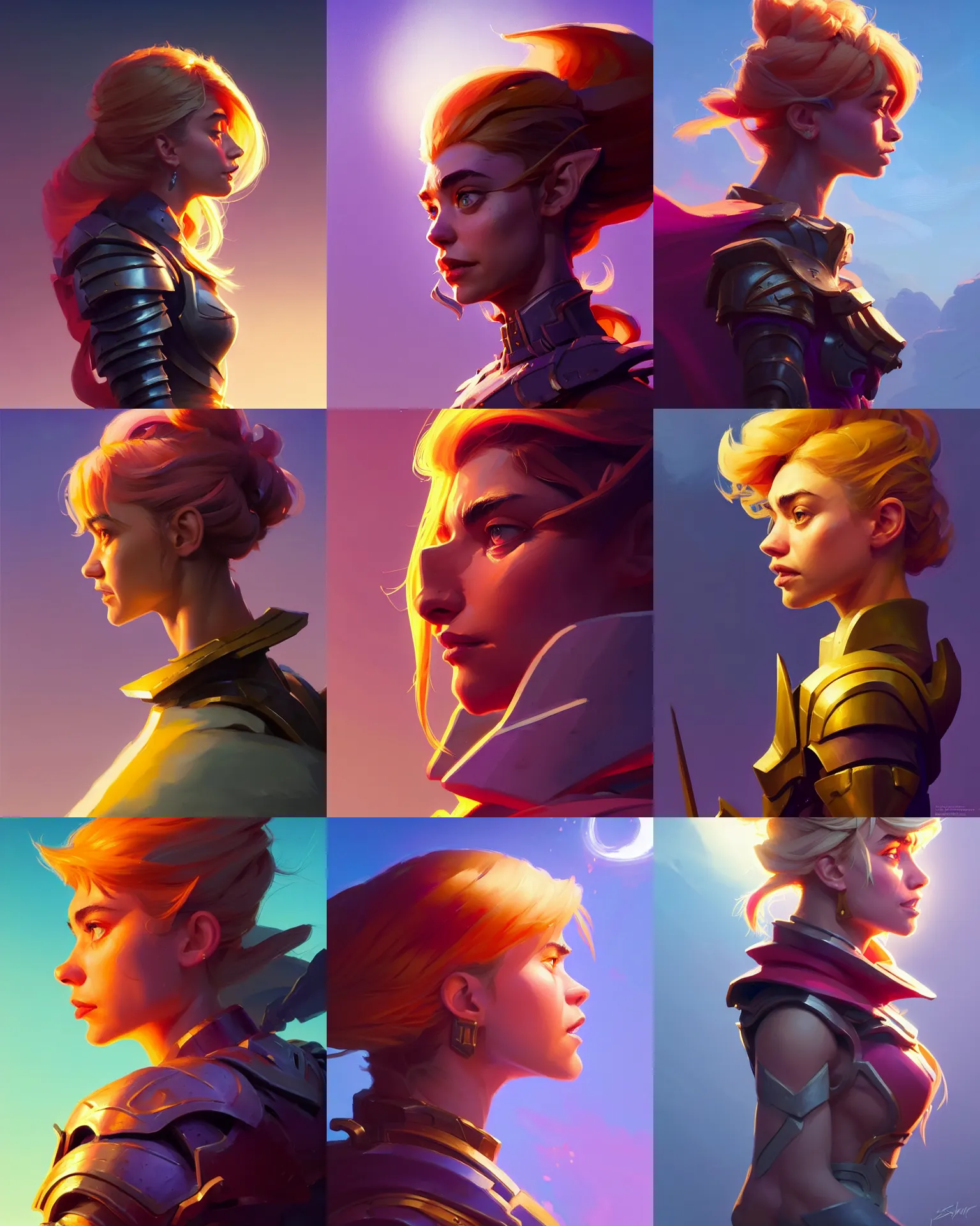 Prompt: side - profile painted potrait of imogen poots as a paladin, bright backlit, key lighting, smooth, gaudy colors, octane render aesthetic, dota matte painting concept art, official fanart behance hd artstation by jesper ejsing, by rhads and lois van baarle and ilya kuvshinov and rossdraws