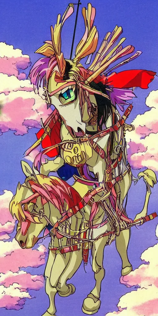 Image similar to a chariot drawn by horse in japan, 1990s anime, full color,