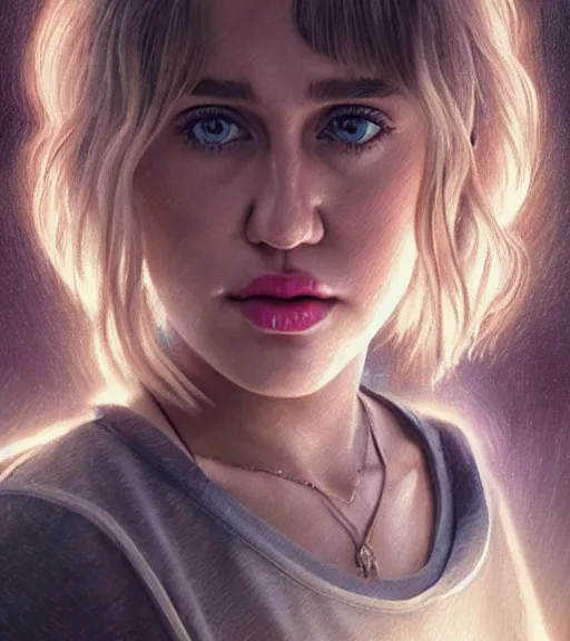 Prompt: still of miley cyrus with long blonde hair in an episode of stranger things, intricate, elegant, highly detailed, digital painting, artstation, concept art, smooth, sharp focus, illustration, art by artgerm and greg rutkowski and alphonse mucha