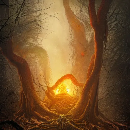 Prompt: tree of pain in a forest of fire, immense structure, hyperrealist, breathtaking, award - winning, groundbreaking, cinematic, dramatic, concept art, fan art, dark fantasy, lovecraft horror, intricate, digital art, zoomorphic, alien, 8 k, trending on artstation