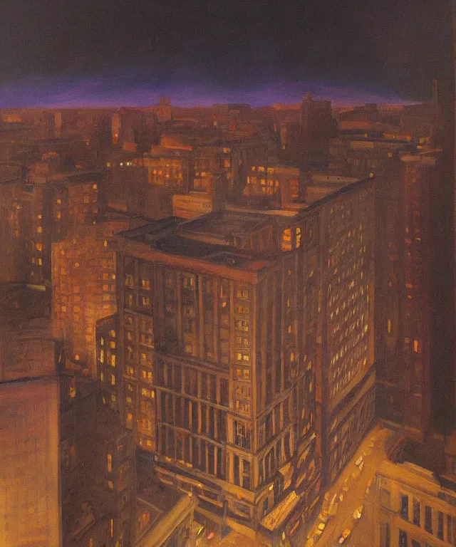 Image similar to horrifying full color photorealistic painting of the view of a warped downtown 1 9 2 5 boston at night with a cosmic sky viewed from a hotel balcony, dark, atmospheric, brooding, smooth, finely detailed, cinematic, epic, in the style of lee gibbons