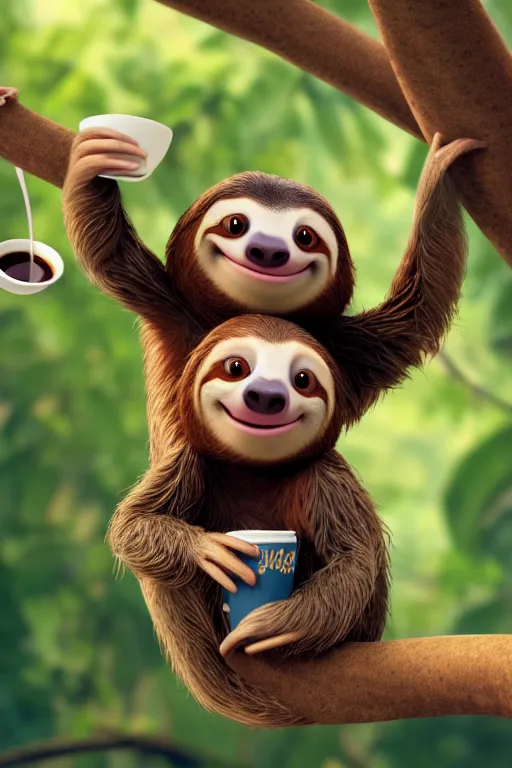 Image similar to a happy sloth climbing a tree with a cup of coffee. Pixar Disney 4K 3d render funny animation movie Oscar winning trending on ArtStation and Behance. Ratatouille style.