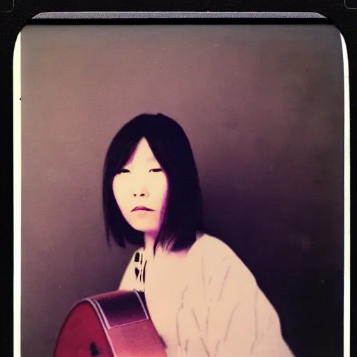 Prompt: 1970s polaroid of a female Japanese folk musician, hazy, faded