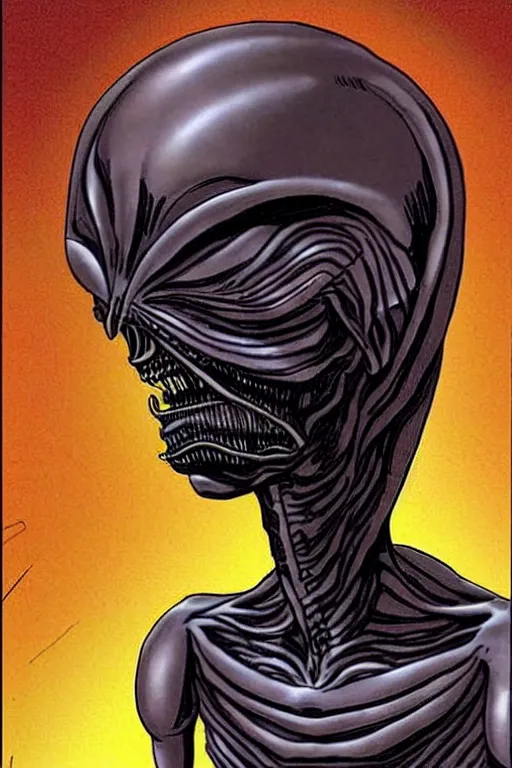 Image similar to beautiful genderless cosmic - eyed alien that is a little ominous creepy due to a few features resembling a xenomorph by hr giger.