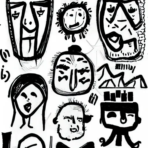 Image similar to black and white composition of a variety of doodles, drawings, faces, symbols, cartoons, lineart, cave drawing, silhouette, tattoo, chinese ink brush