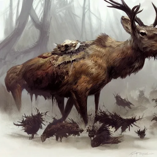 Prompt: !dream pile of dead deers and birds falling out of it, a concept art in style of Greg Rutkowski, John Singer Sargant, painted by Frank Frazetta, trending on artstation