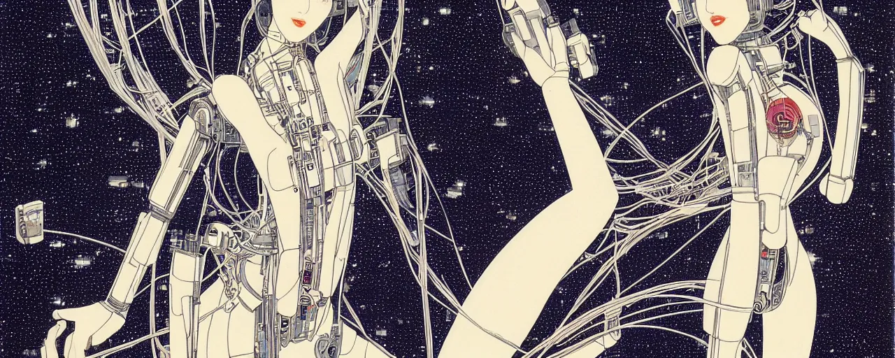 Image similar to beautiful woman robot like metropolis, at night in the center of a futuristic sci-fi energy generator machine, by Yasunari Ikenaga, Yamato, Macross