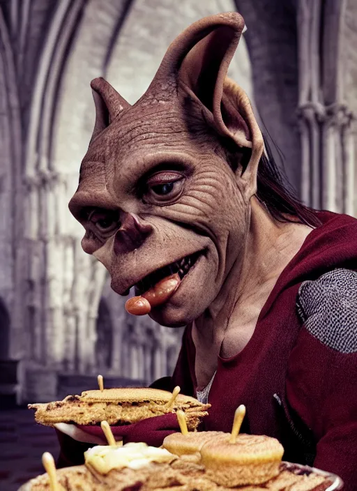 Image similar to closeup portrait of a medieval goblin eating cakes in the abbey, depth of field, zeiss lens, detailed, symmetrical, centered, fashion photoshoot, by annie leibovitz and steve mccurry, david lazar, jimmy nelsson, breathtaking, 8 k resolution, extremely detailed, beautiful, establishing shot, artistic, hyperrealistic, beautiful face, octane render