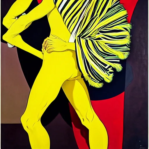 Image similar to art by joshua middleton, the yellow creeper, a tall manically smiling yellow - skinned man with green and black striped cycling shorts and wearing a long red and black striped ostrich feather boa, yellow makeup, mucha, kandinsky, poster, art deco motifs, comic art, stylised design, scarlet feather boa