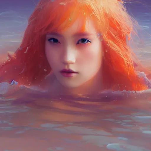 Prompt: breathtakingly detailed concept art painting portrait of goddess sinking into the sea, carrot colored hair, orthodox saint, full body, gorgeous background, created by hsiao - ron cheng, very moody lighting, 8 k