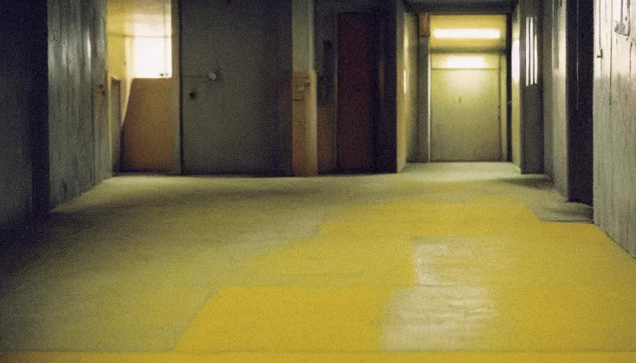 Prompt: 60s movie still of a sovietic stalinist style empty bunker hallway with yellow tiles, cinestill 800t 50mm eastmancolor, liminal Space style, heavy grain