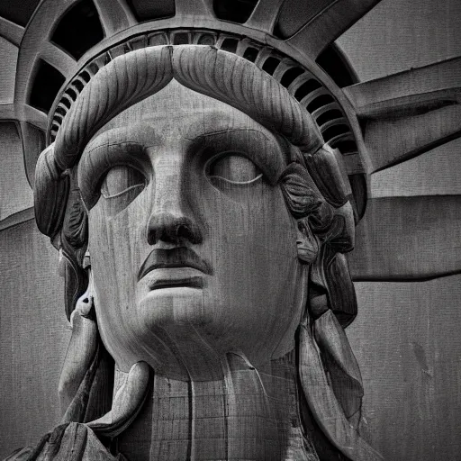 Prompt: underwater statue of liberty, aged underwater, waves above, photography, finely detailed