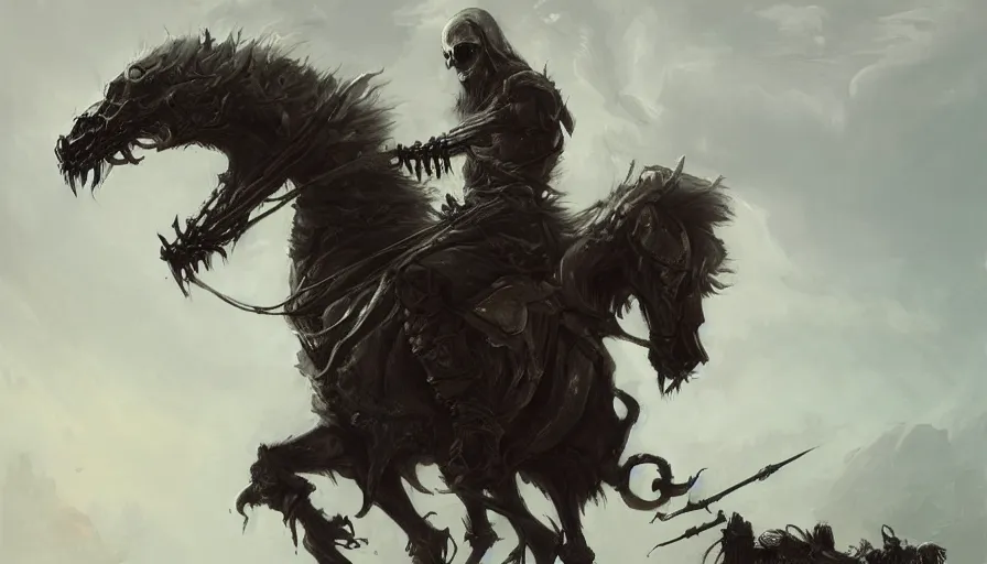 Prompt: A beautiful highly detailed epic painting of the Grim reaper riding a skeletal undead horse by greg rutkowski and Kalin Popov, Trending on artstation HD.