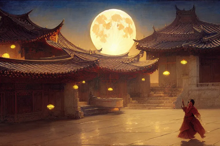 Prompt: wuxia, moon, roof, night, painting by gaston bussiere, craig mullins, j. c. leyendecker