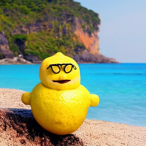 Image similar to a lemon cartoon character, that is muscular, is relaxing on a beach, inspired by dalle - 2