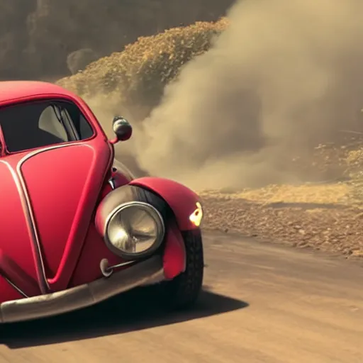 Image similar to promotional movie scene of a ( volkswagen beatle ) and lady bug hybrid. a volkswagen merged into a bug. it is racing down a dusty back - road. cinematic, 4 k, imax, 7 0 mm