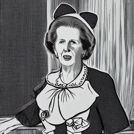 Image similar to Margaret Thatcher with cat ears and a maid outfit