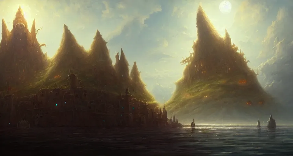 Prompt: low fantasy, landscape an ancient floating city in the sky and an sky - ship flying towards it andreas rocha