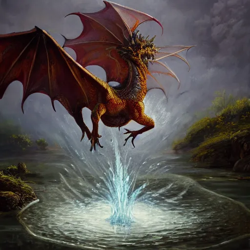 Prompt: highly detailed oil painting of a western dragon emerging from a hotspring, fantasy, featured on artstation