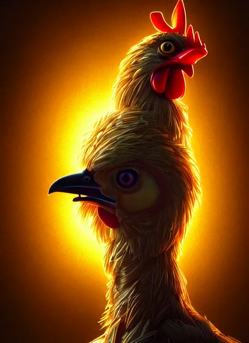 Prompt: portrait of chica the chicken from fnaf, intricate, elegant, glowing lights, highly detailed, digital painting, artstation, concept art, sharp focus, illustration, art by wlop, mars ravelo and greg rutkowski