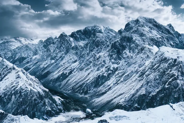 Prompt: a beautiful landscape photo of snowy mountains, award winning photo, cinematic masterpiece, 4 k