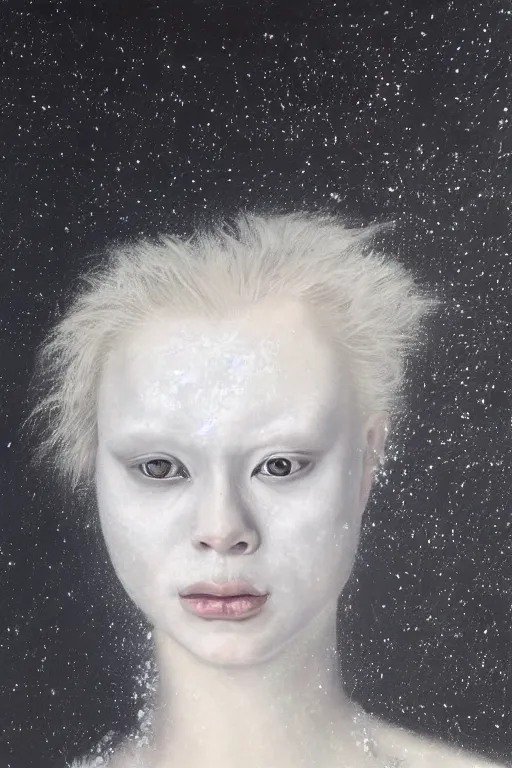 Image similar to hyperrealism oil painting, close - up portrait of albino medieval fashion model, black silk, steel gradient mixed with nebula sky, in style of baroque