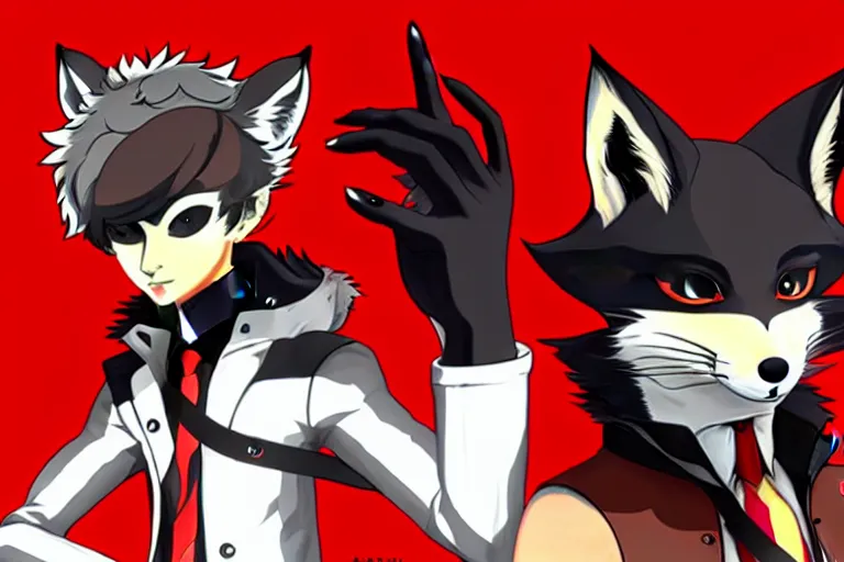 Image similar to a furry tan male fox on a persona 5 : royal ( by atlus ) video game splash screen, a furry male sandcolored tan fox fursona ( has hair ), persona 5 phantom thief style