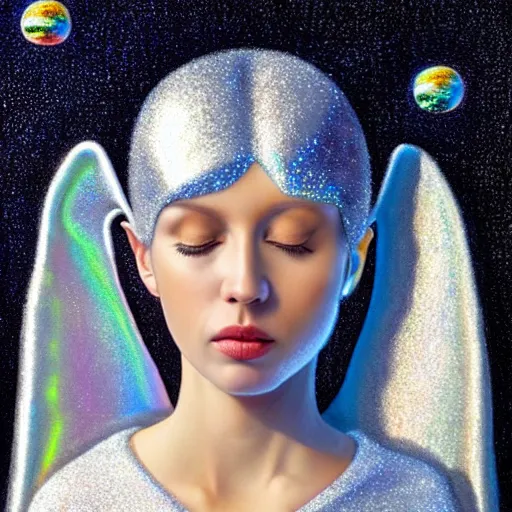 Prompt: highdetailed hyperrealistic painting of silver holographic angel in the hood lightning hands with silver sparkles!!!, giant silver ball on the chest!!!!!, 4 k hd fur face!!!, big wings, by jan van eyck, holography space, white sparkles everywhere, thin strokes, white monochrome color!!!!!, hyperrealism textures