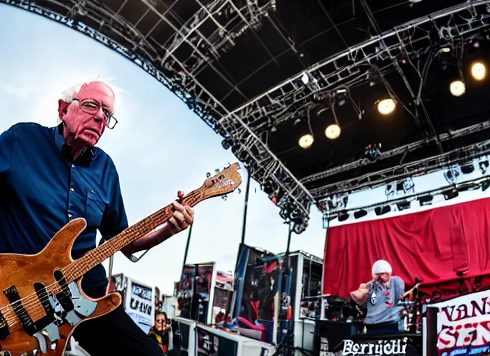 Image similar to photo still of bernie sanders at vans warped tour!!!!!!!! at age 8 0 years old 8 0 years of age!!!!!!! on stage shredding guitar, 8 k, 8 5 mm f 1. 8, studio lighting, rim light, right side key light