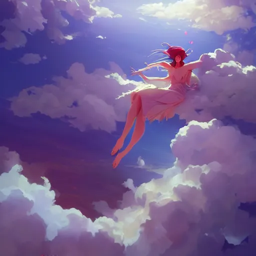 Image similar to beautiful goddess floating above clouds, digital art, detailed 8 k behance hd by jesper ejsing, by rhads, makoto shinkai and lois van baarle, ilya kuvshinov, rossdraws global illumination