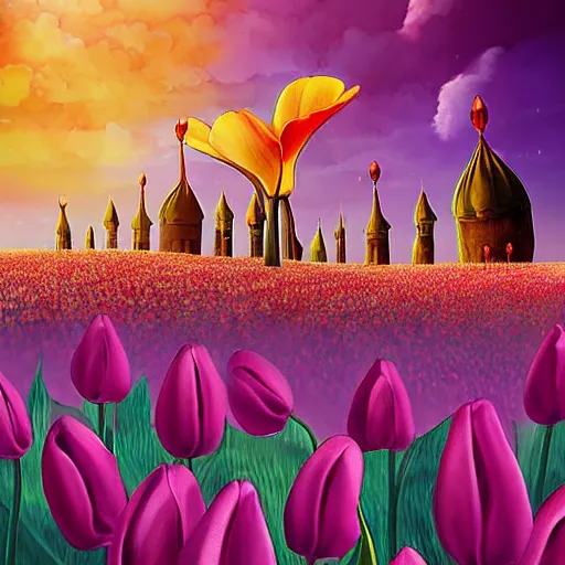 Image similar to flying tulip fortress, fantasy art, sky in the background, detailed, behrens style