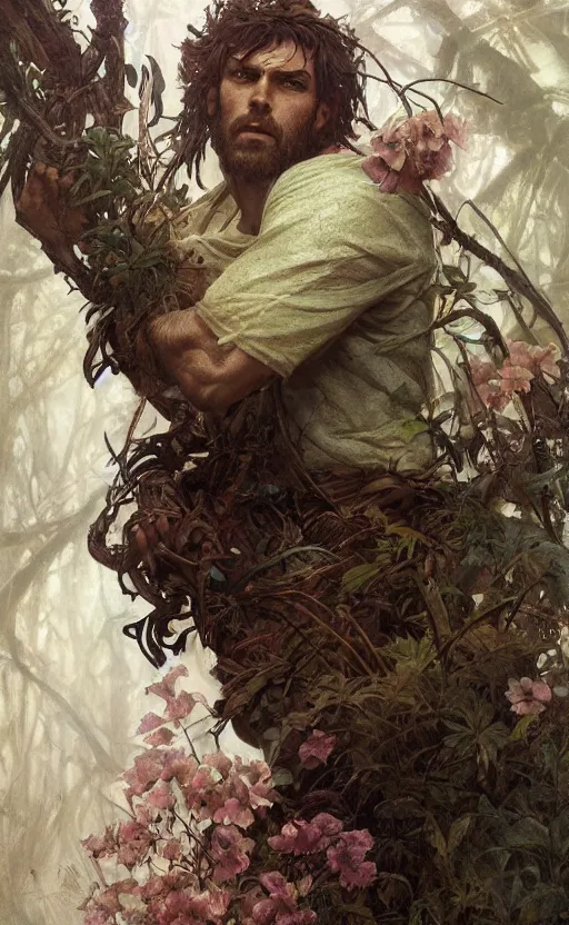 Image similar to god of the forest, rugged, handsome, male, detailed face, clean lines, atmospheric lighting, amazing, full body, thighs, flowers, muscular, intricate, highly detailed, digital painting, deviantart, concept art, sharp focus, illustration, art by greg rutkowski and alphonse mucha