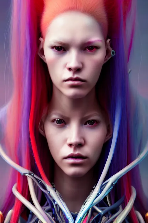 Image similar to a portrait of a beautiful young 28th century super cool post-human female wiht long colorful hair, barely human and largely biomechanical machine, hyper-realistic cyberpunk style, designs by Peter Mohrbacher Takayuki Takeya moody, face by Yanjun Cheng, Irakli Nadar, models by 500px, dramatic cinematic lighting rendered by octane, 8k, detailed, intricate, clean and textures, trending on artstation, deviantart google images, pinterest