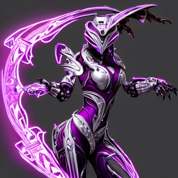 Image similar to highly detailed exquisite fanart, of a beautiful female warframe, but as an anthropomorphic robot dragon with glowing purple eyes, shiny silver armor with fuchsia accents, engraved, elegant pose, close-up shot, full body shot, epic cinematic shot, sharp claws for hands, professional digital art, high end digital art, singular, realistic, DeviantArt, artstation, Furaffinity, 8k HD render