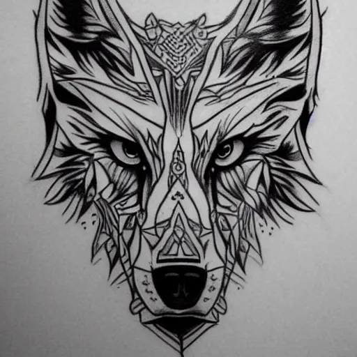 Image similar to tattoo stencil. pencil line drawing, black and white, wolf