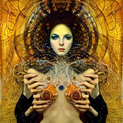 Image similar to Divine Chaos Engine by Karol Bak, Jean Deville, Gustav Klimt, and Vincent Van Gogh, beautiful visionary mystical portrait, sacred geometry, otherworldly, fractal structures, ornate gilded medieval icon, third eye, spirals