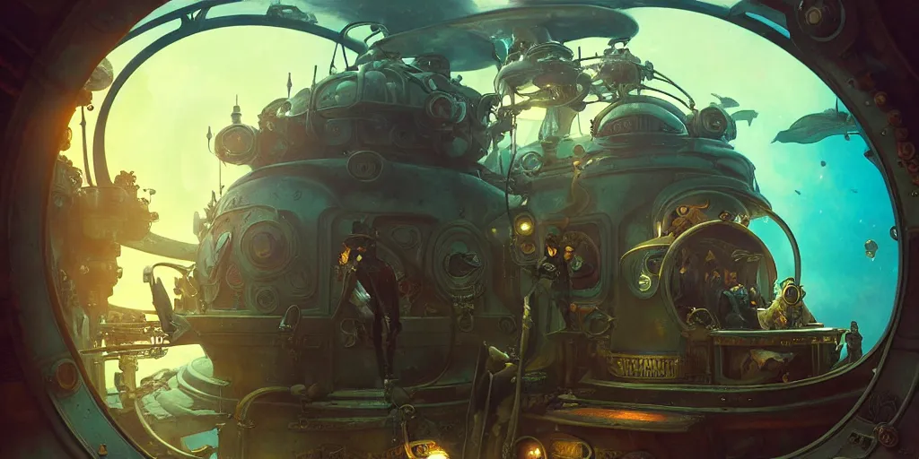 Prompt: Captain Nemo in his submarine, steampunk, octane renderer, 8K, sparsely lit, art by artgerm and greg rutkowski and alphonse mucha