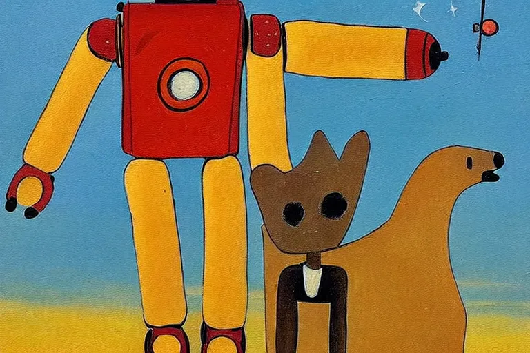 Image similar to a detailed painting of a ( ( ( ( ( boy and his robot dog ) ) ) ) ) by antoine de saint - exupery!!!!!!!!!!!!!!