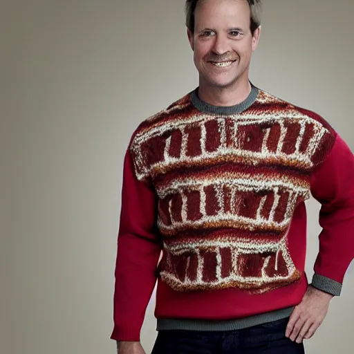 Image similar to model wearing a sweater of bacon weave, product photo, jc penny catalog