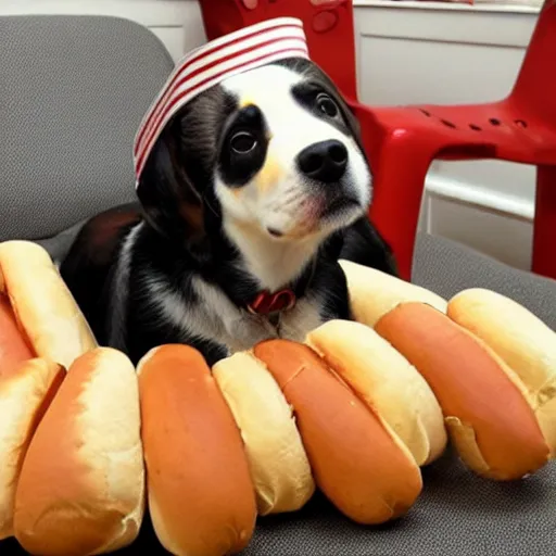 Prompt: a dog made from hot dogs