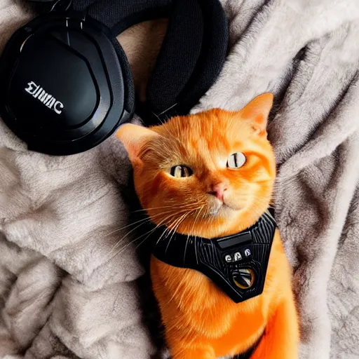 Image similar to Adorable orange tabby cat, the cat is wearing black gaming headphones, its collar has a D20 dice on it, lying on a fuzzy blanket, in a sunbeam, Pixar, cozy, golden hour