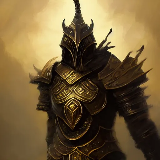 Image similar to anthropomorphic dragon warrior stands tall wearing black and gold plate armor, oil painting, Tooth Wu, Greg Rutkowski, RPG, dynamic lighting, fantasy art, High contrast, depth of field, landscape, scenery