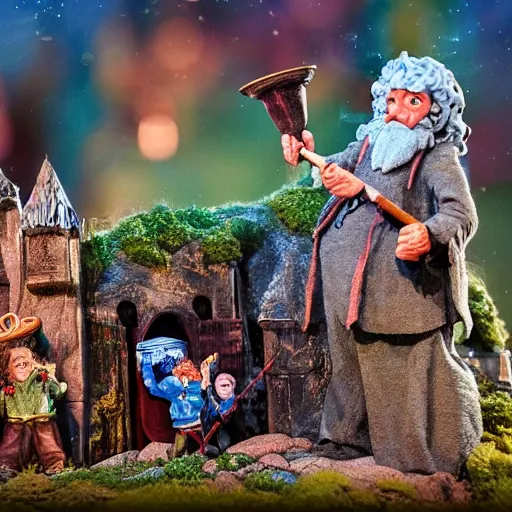 Prompt: claymation of bilbo's birthday party, gandalf, fireworks, frodo, pippin, merry, gritty, tilt shift, award winning, highly textured, very detailed