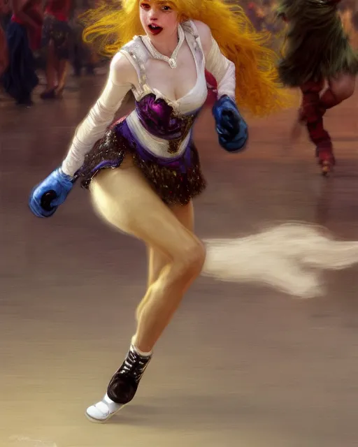 Image similar to white female anthro wolf skating at a roller derby, 4 k, furaffinity, trending on artstation, very expressive detailed face, energetic, speed, motion blur, by gaston bussiere, craig mullins, j. c. leyendecker, gustav klimt, artgerm, greg rutkowski, alphonse mucha