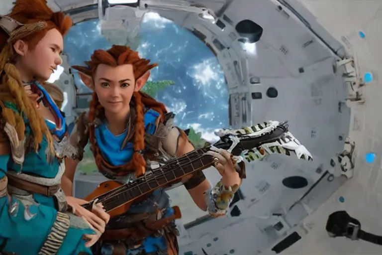 Image similar to aloy from the horizon zero dawn videogame playing the guitar with link from the legend of zelda videogame in the international space station