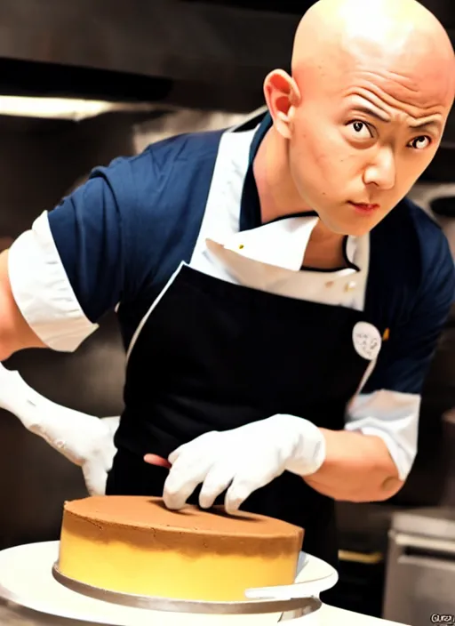 Image similar to chef saitama one punch man, dressed as a pastry chef, focused at making a cake, beautiful anime artwork