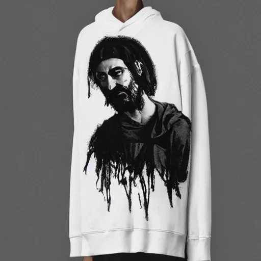 Prompt: jesus portrait wearing virgil abloh hoodie streetwear by nicola samori, off - white style