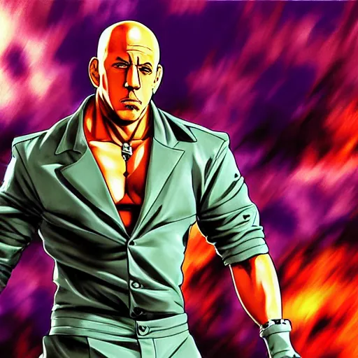 Image similar to Digital painting of Vin Diesel walking like a Italian model in JoJo\'s Bizzare Adventure anime style, official media from JoJo\'s Bizzare Adventure, highly detailed, sharp focus, 1990 manga panel, anime, ArtStation, art by Hirohiko Araki