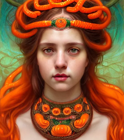 Image similar to portrait of teenage medusa, bald, naughty smile, coral snakes cover her head, wearing an embroidered orange tunic, intricate, elegant, copper and emerald jewelry, glowing lights, highly detailed, digital painting, artstation, concept art, smooth, sharp focus, illustration, art by wlop, mucha, artgerm, and greg rutkowski