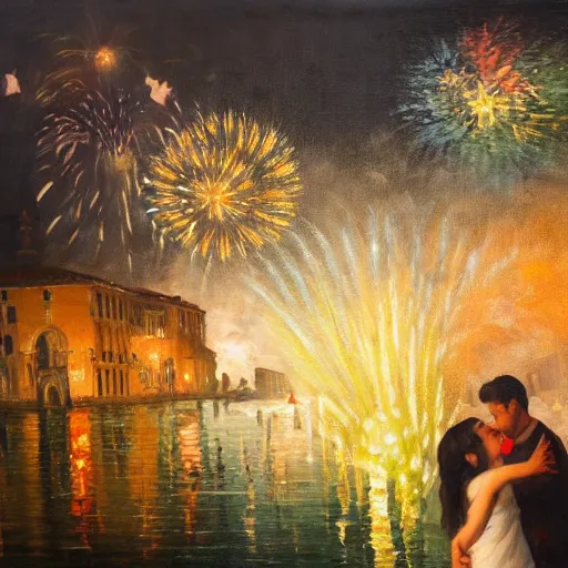 Image similar to an oil painting of couple kissing, in a background fireworks in venice